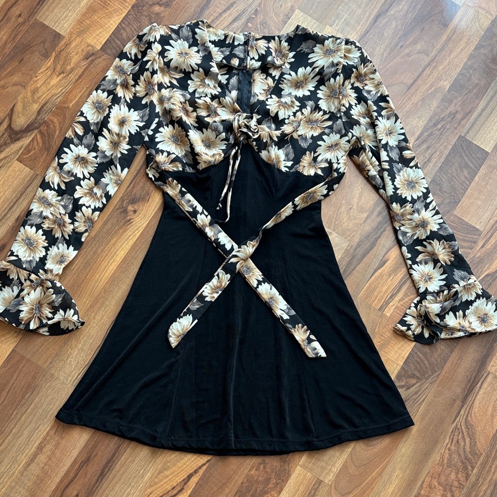 Vintage 90s Opera Sheer Floral Mini Dress Long Sleeve Made USA M